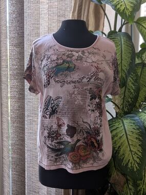 Susan Lawrence Pink Short-Sleeve Tee with Floral, Bird & Butterfly Print Sz 2xl
